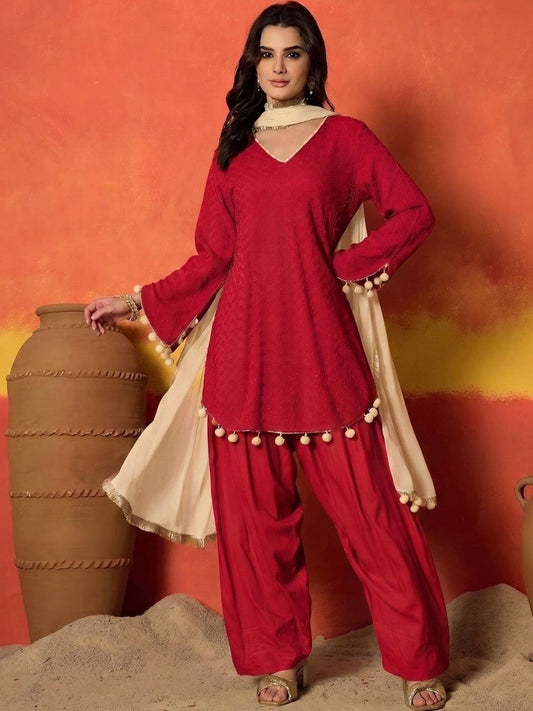 Red Chikankari Rayon A-Line Kurti Farshi Salwar With Dupatta Set