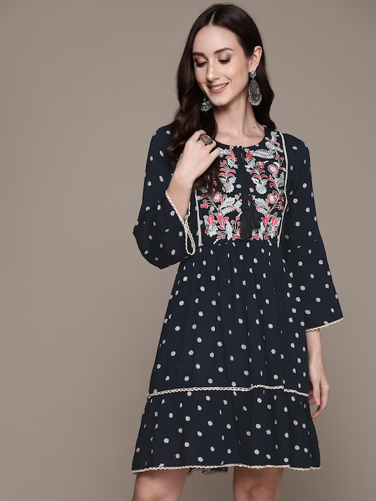 Navy Blue Floral Embroidered Tassel Detail Georgette A-Line Dress