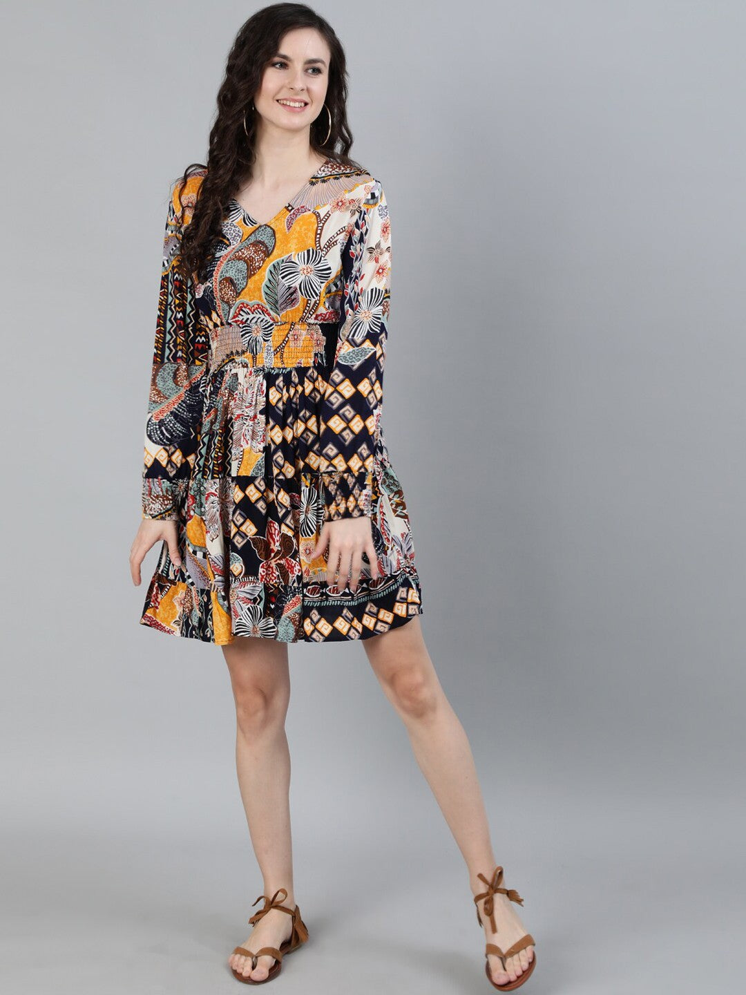 Multicoloured Tropical Print Fit and Flare Dress