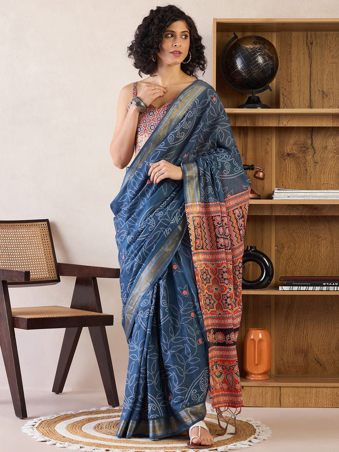 Bandhani Zari Poly Cotton Ready to Wear Bagru Sarees