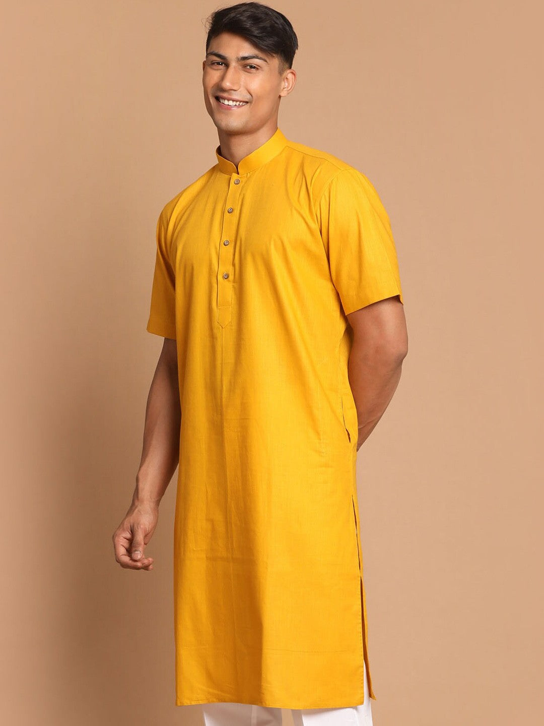 Men Mustard Yellow Cotton Linen Half Sleeves Kurta