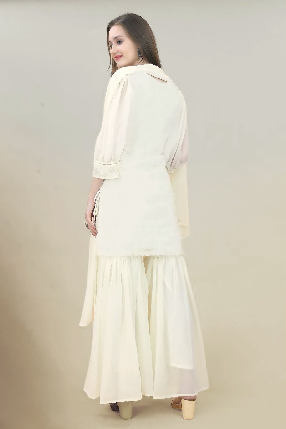 V-Neck Embroidered Sequinned Georgette Straight Kurta With Sharara And Dupatta