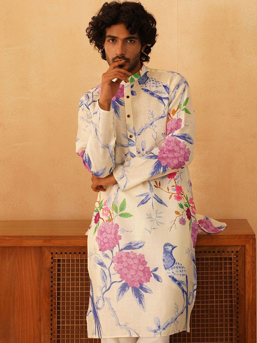 Floral Printed Band Collar Pure Cotton Straight Kurta