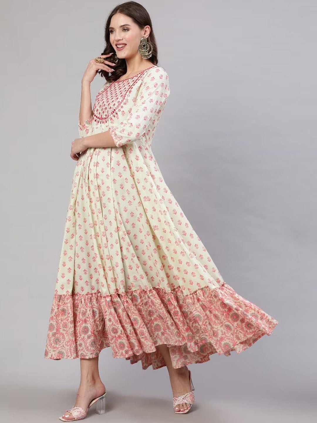 Floral Motifs Printed Mirror Work Anarkali Kurta