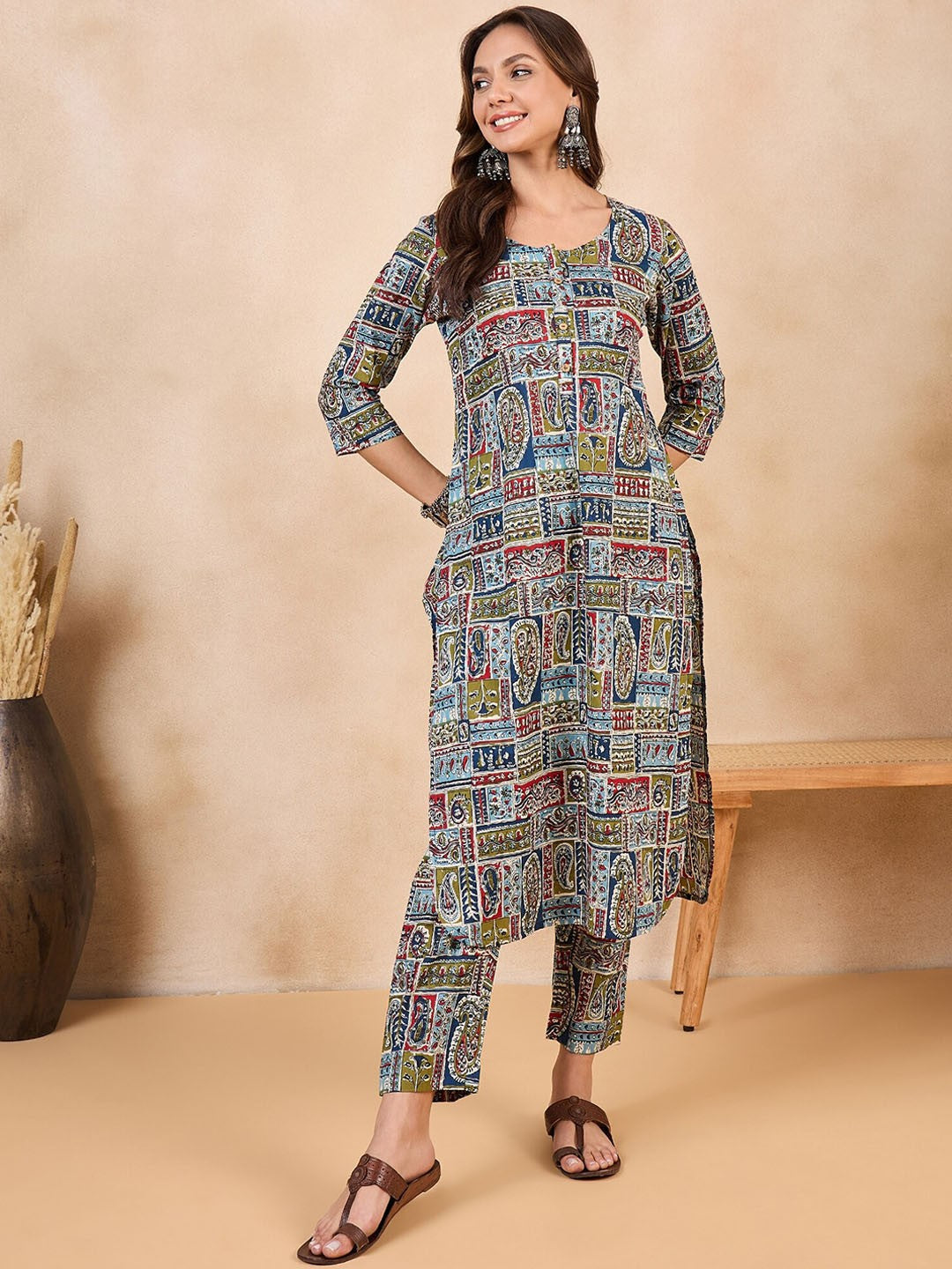 Ethnic Motifs Printed Pure Cotton Straight Kurta With Trousers