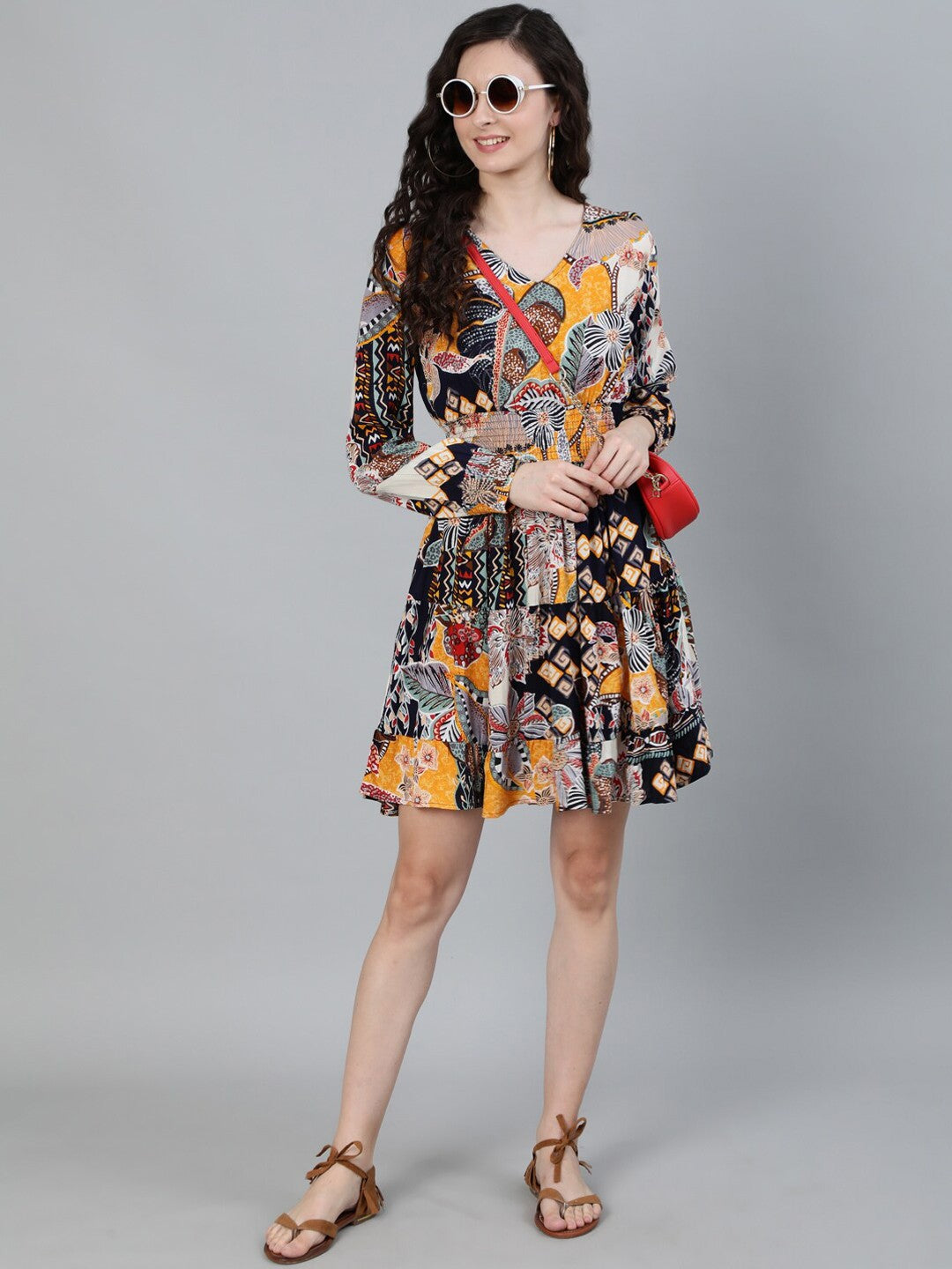 Multicoloured Tropical Print Fit and Flare Dress