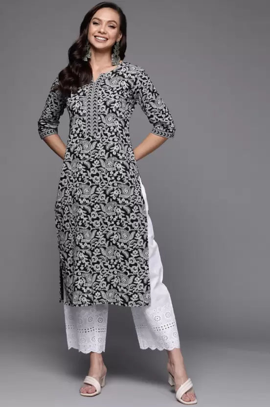 Women Black and White Viscose Rayon Kurta and Palazzo Set
