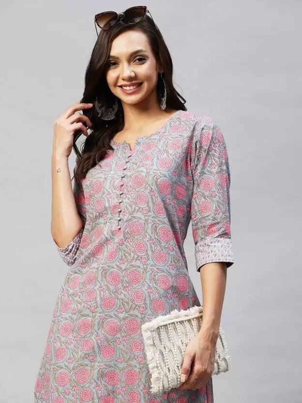 Women Floral Cotton Blend Kurta Pant Set