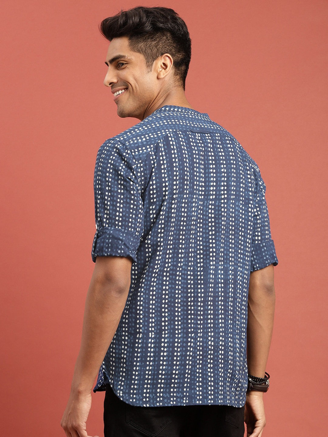 Men Indigo Hand Block Printed Straight Sustainable Kurta with Roll-Up Sleeves