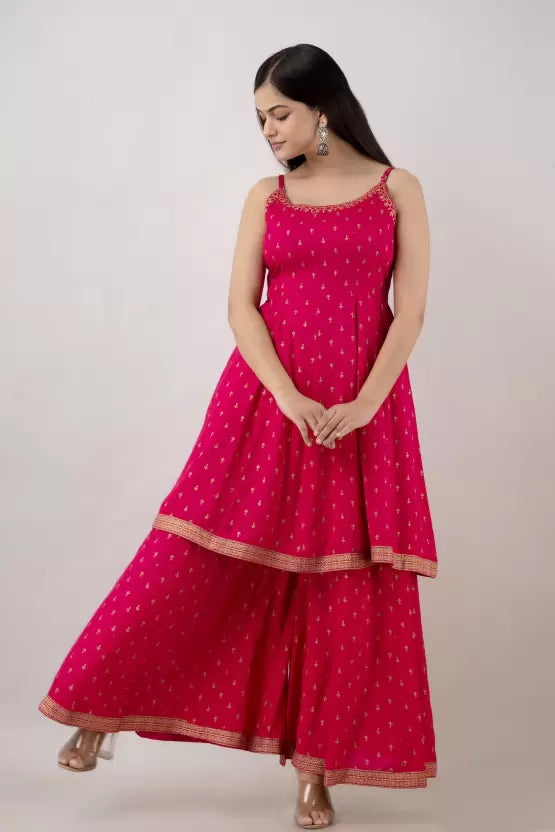Women Pink Viscose Rayon Kurta, Sharara and Dupatta Set