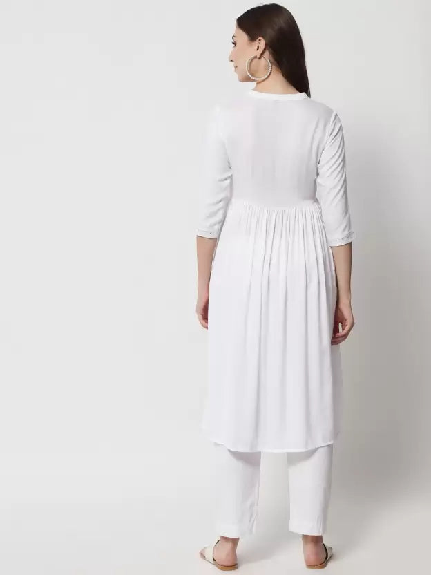 Women Chikan Embroidery Cotton Rayon Flared Kurta (White)