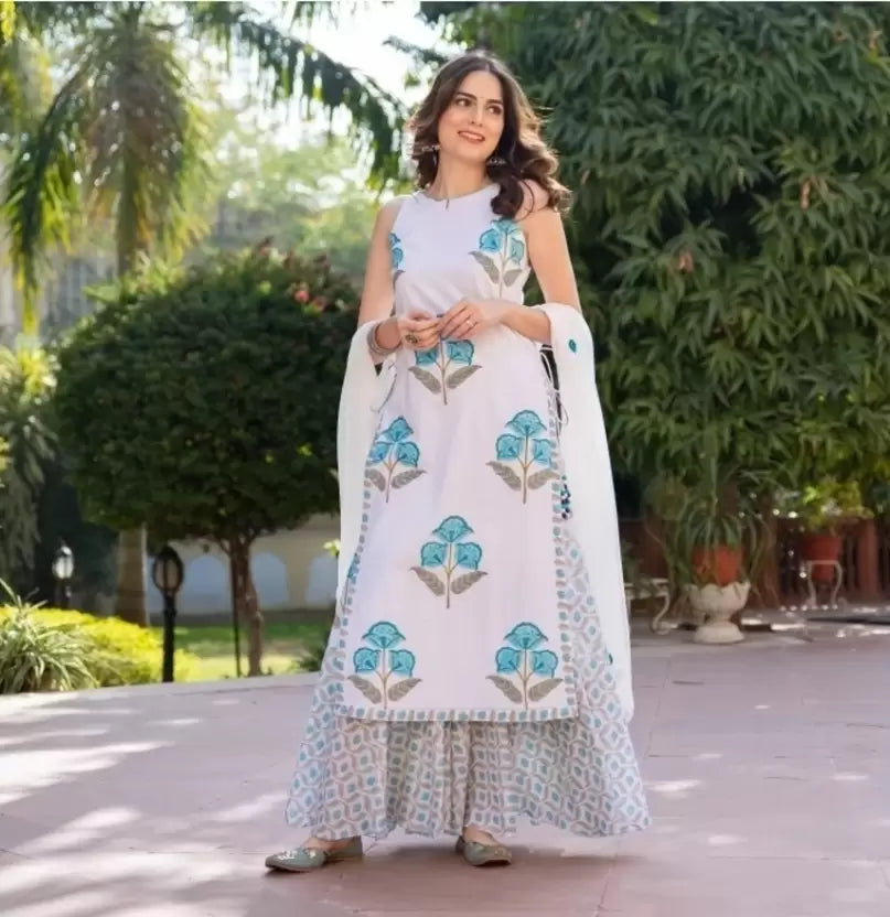 Women cotton Blend kurta Sharara and Dupatta