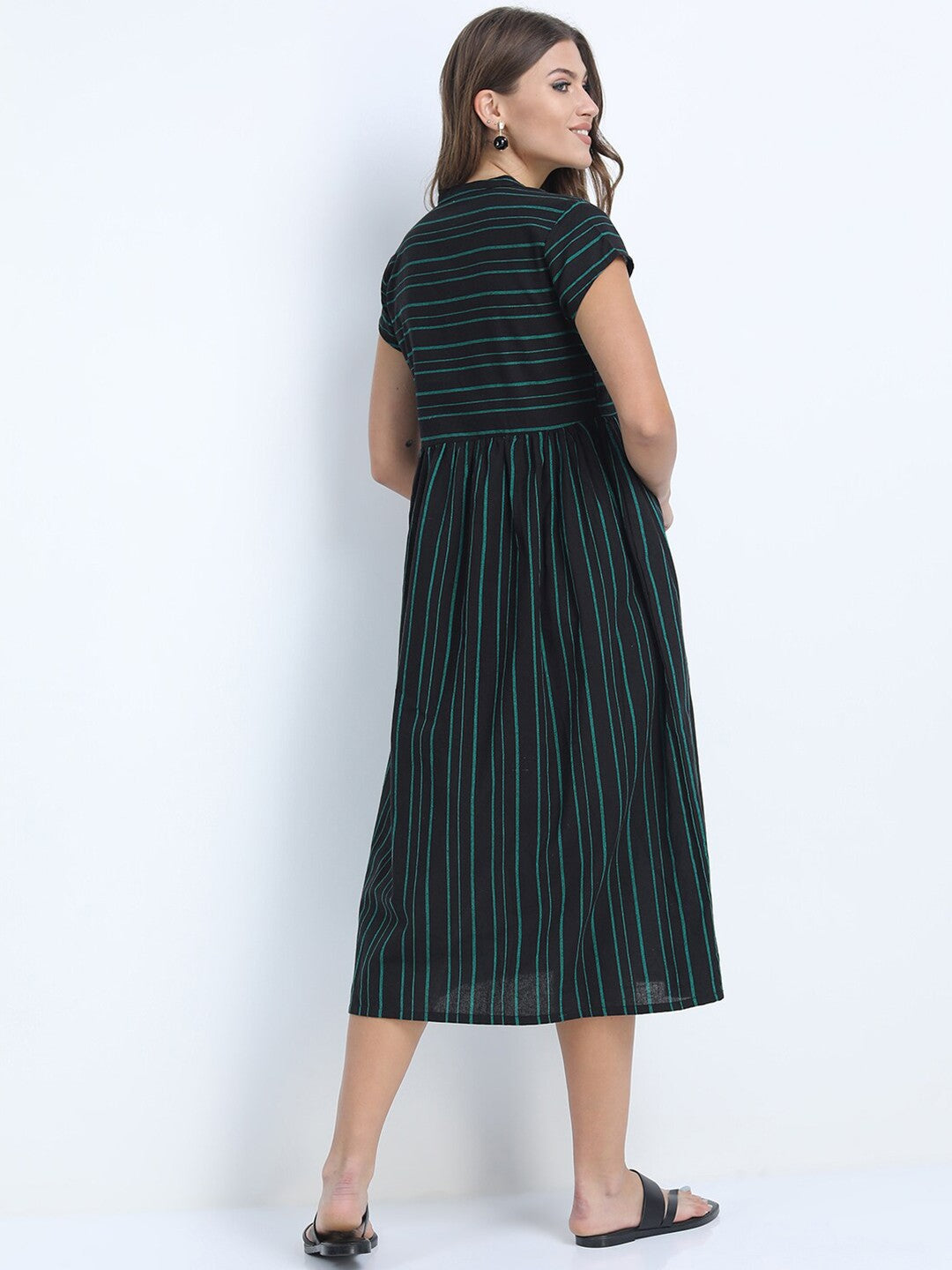 Black & Green Striped Ethnic Midi Dress