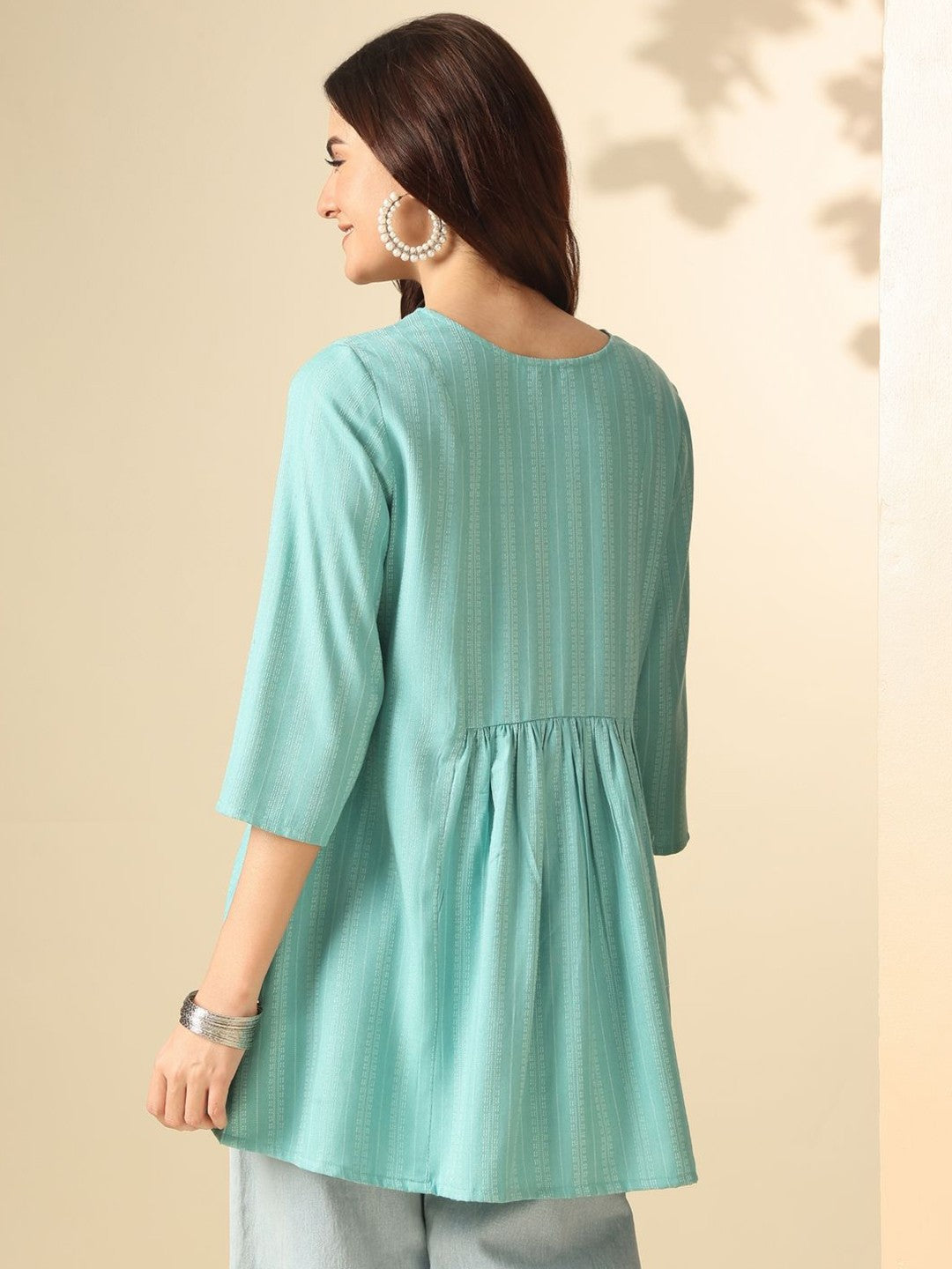 Round Neck Floral Printed Embroidered A-Line Top