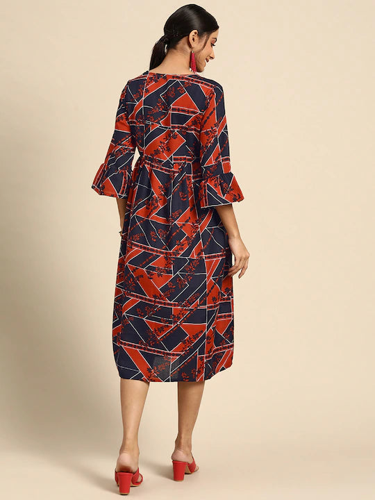 Women Navy Blue & Rust Orange Printed Bell Sleeves A-Line Ethnic Dress
