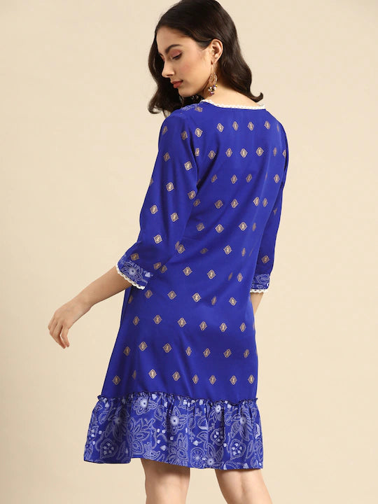 Blue & Grey Ethnic Motifs A-Line Dress