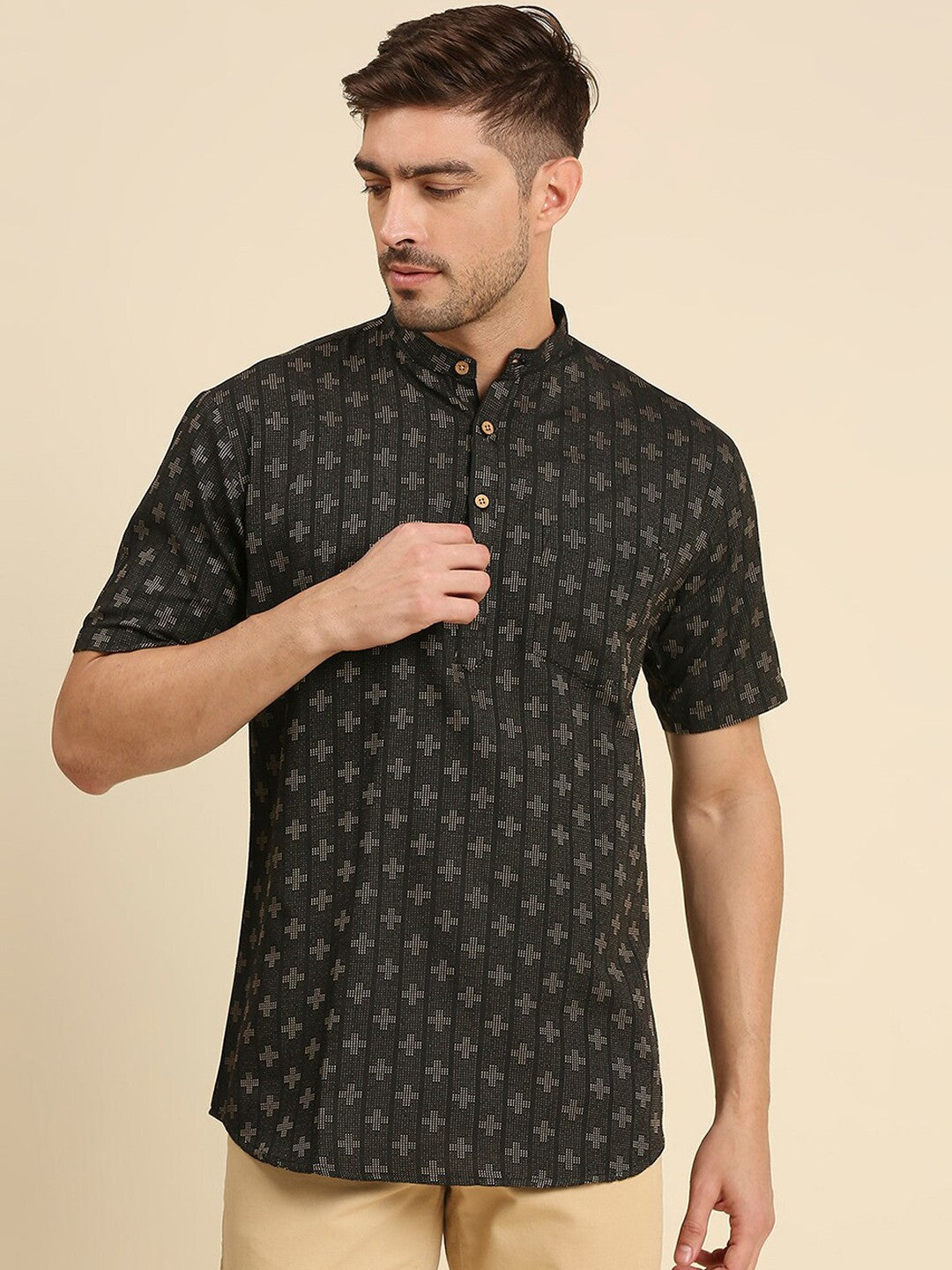 Men Geometric Woven Design Pastels Cotton Kurta