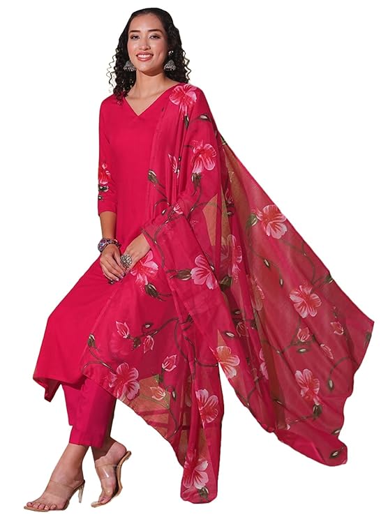 Women's Rayon Blend Straight Printed Kurta with Pant & Dupatta