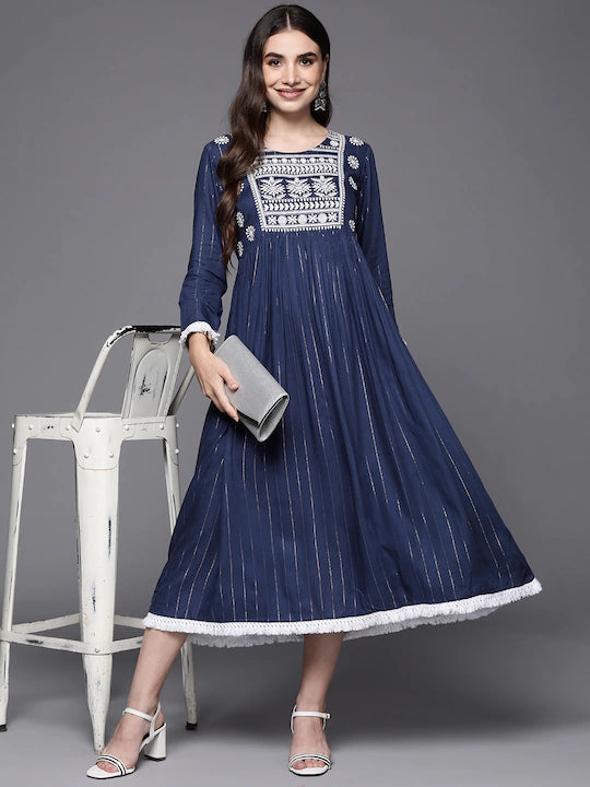 Blue Ethnic Motifs Embroidered Ethnic A-Line Midi Ethnic Dress