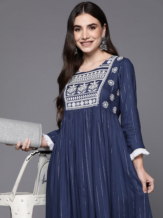 Blue Ethnic Motifs Embroidered Ethnic A-Line Midi Ethnic Dress