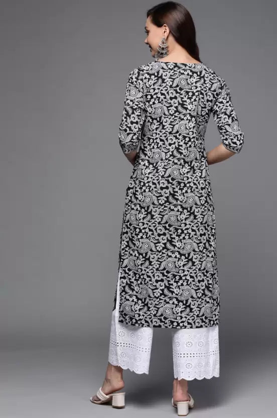Women Black and White Viscose Rayon Kurta and Palazzo Set