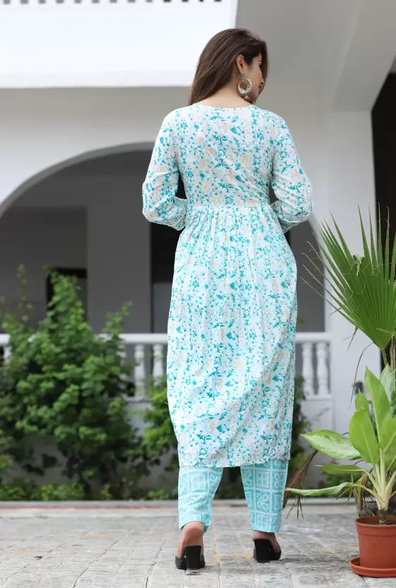 Women Blue&White Viscose Rayon Kurta Pant Dupatta Set