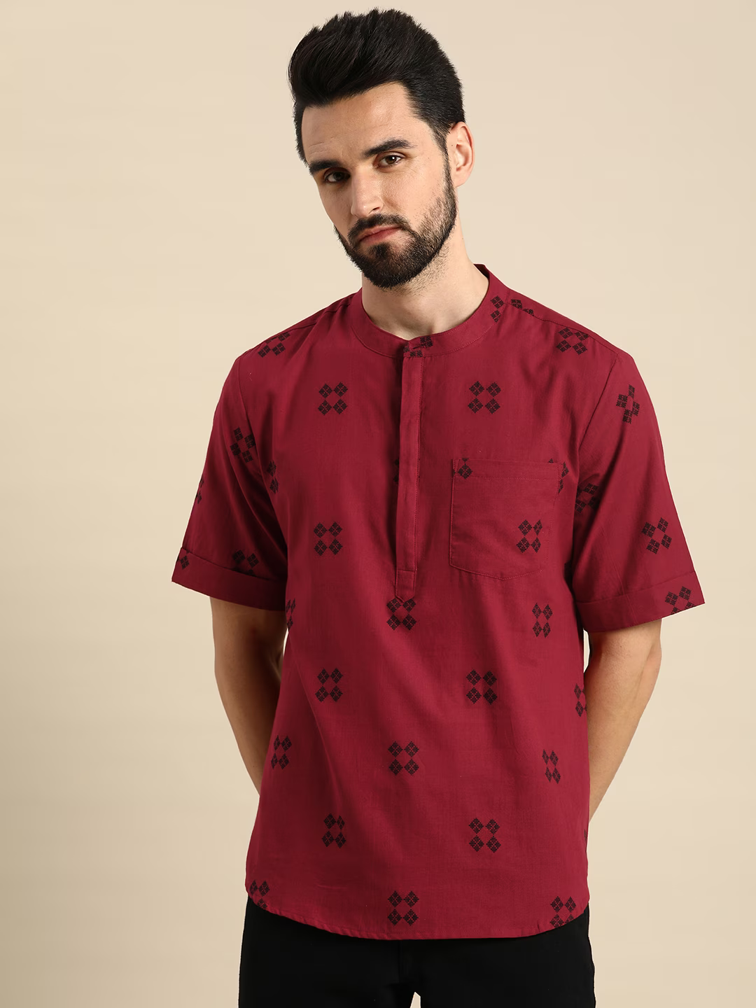 Men Red & Black Geometric Printed Kurta