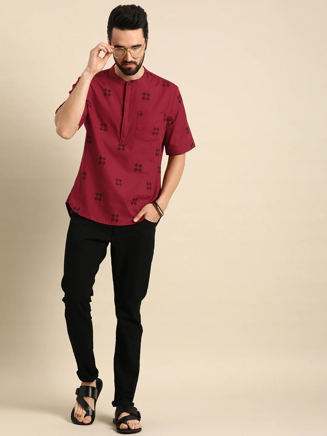 Men Red & Black Geometric Printed Kurta