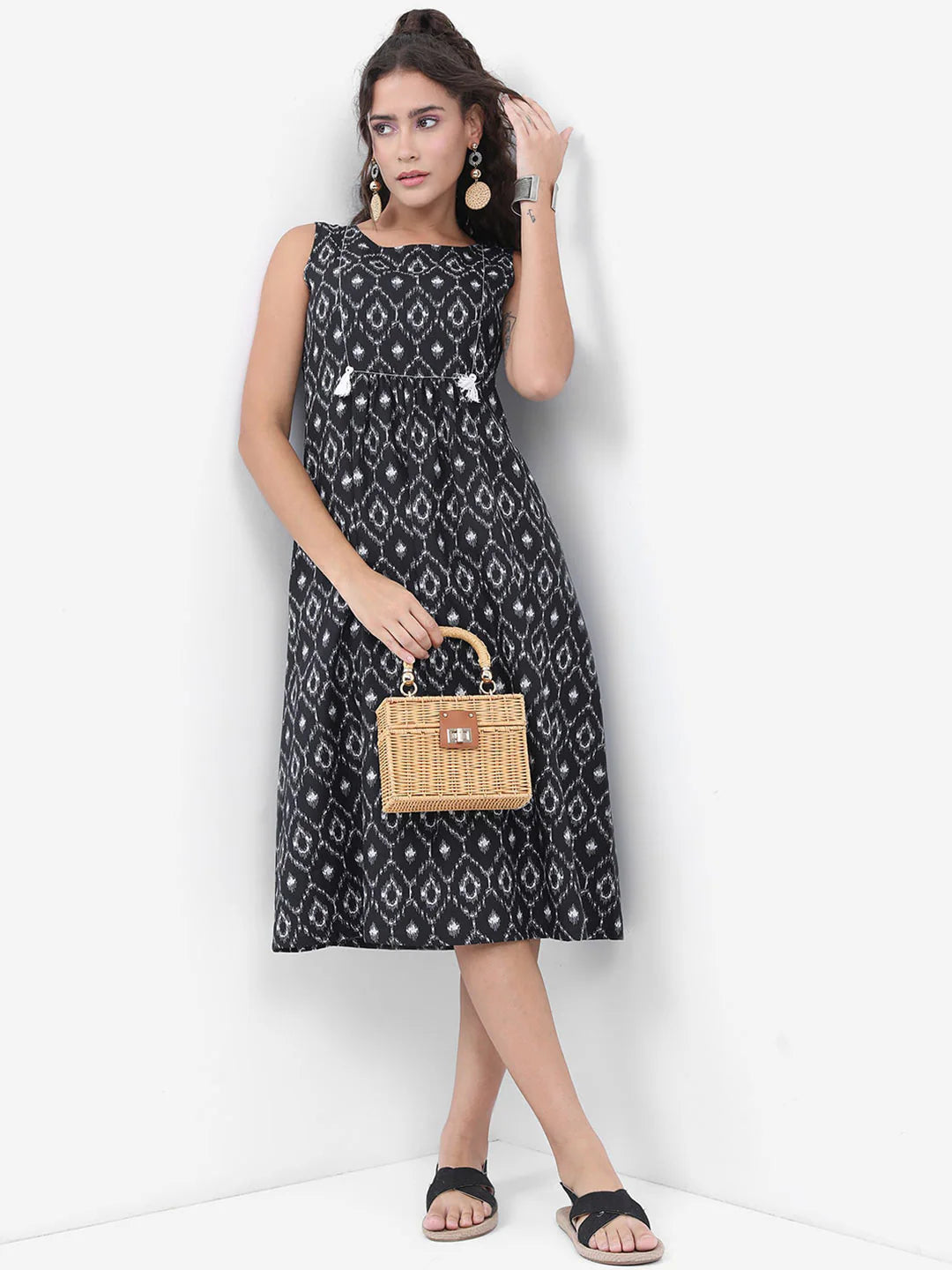 Black Ethnic Motif Printed A-Line Midi Dress