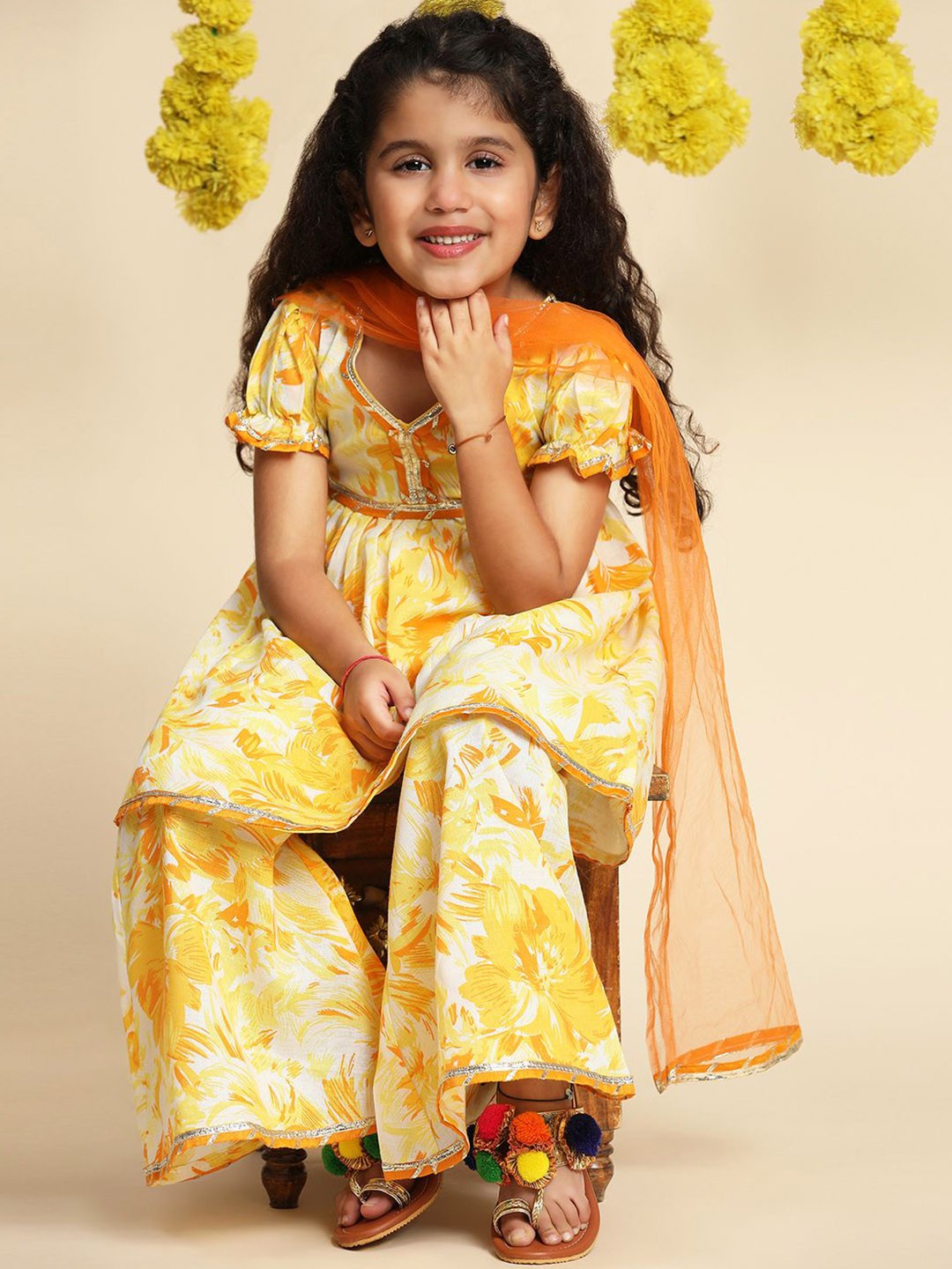 Girls Floral Printed A-Line Gotta Patti Cotton Kurta with Trousers & Dupatta