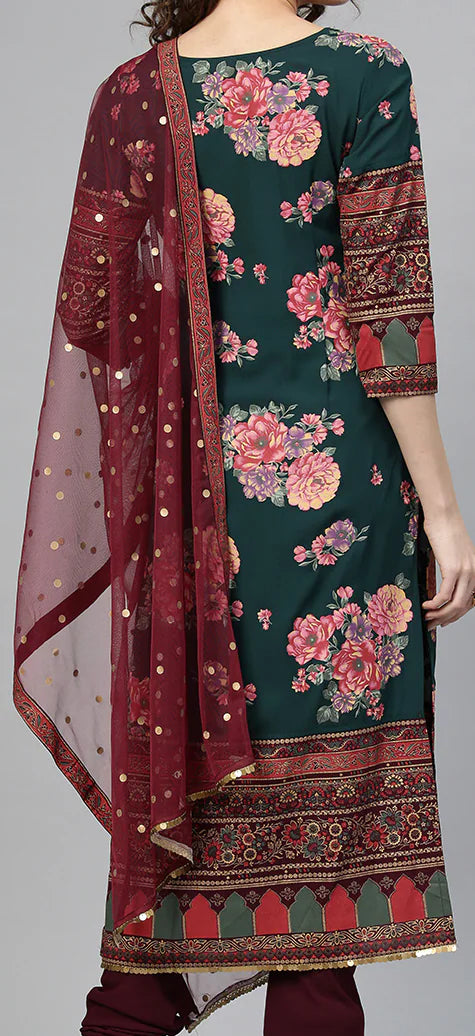 Women Green & Burgundy Printed Kurta with Churidar & Dupatta