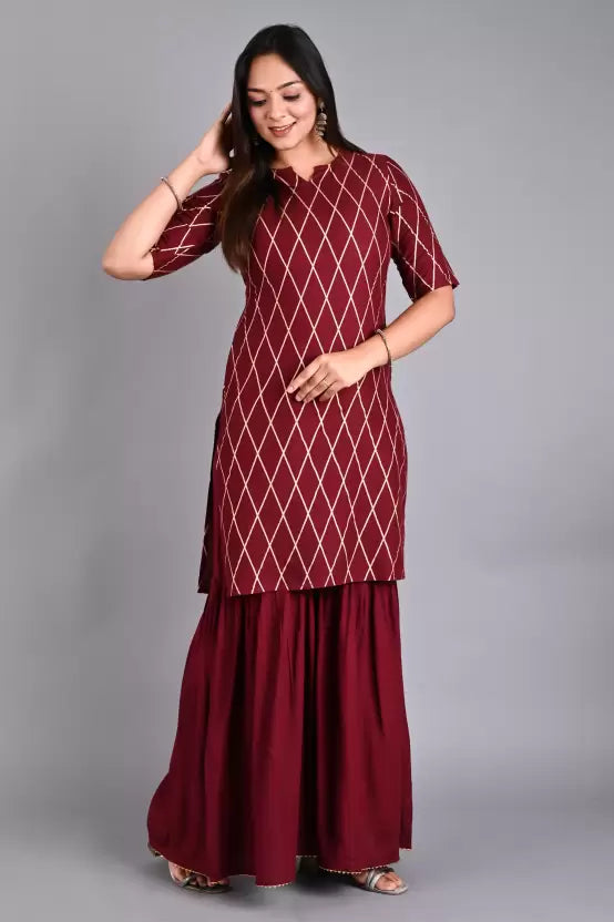 Women Maroon Viscose Rayon Kurta and Sharara Set