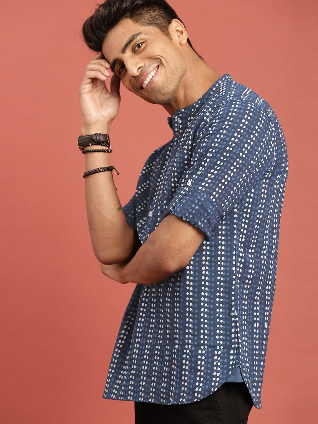 Men Indigo Hand Block Printed Straight Sustainable Kurta with Roll-Up Sleeves