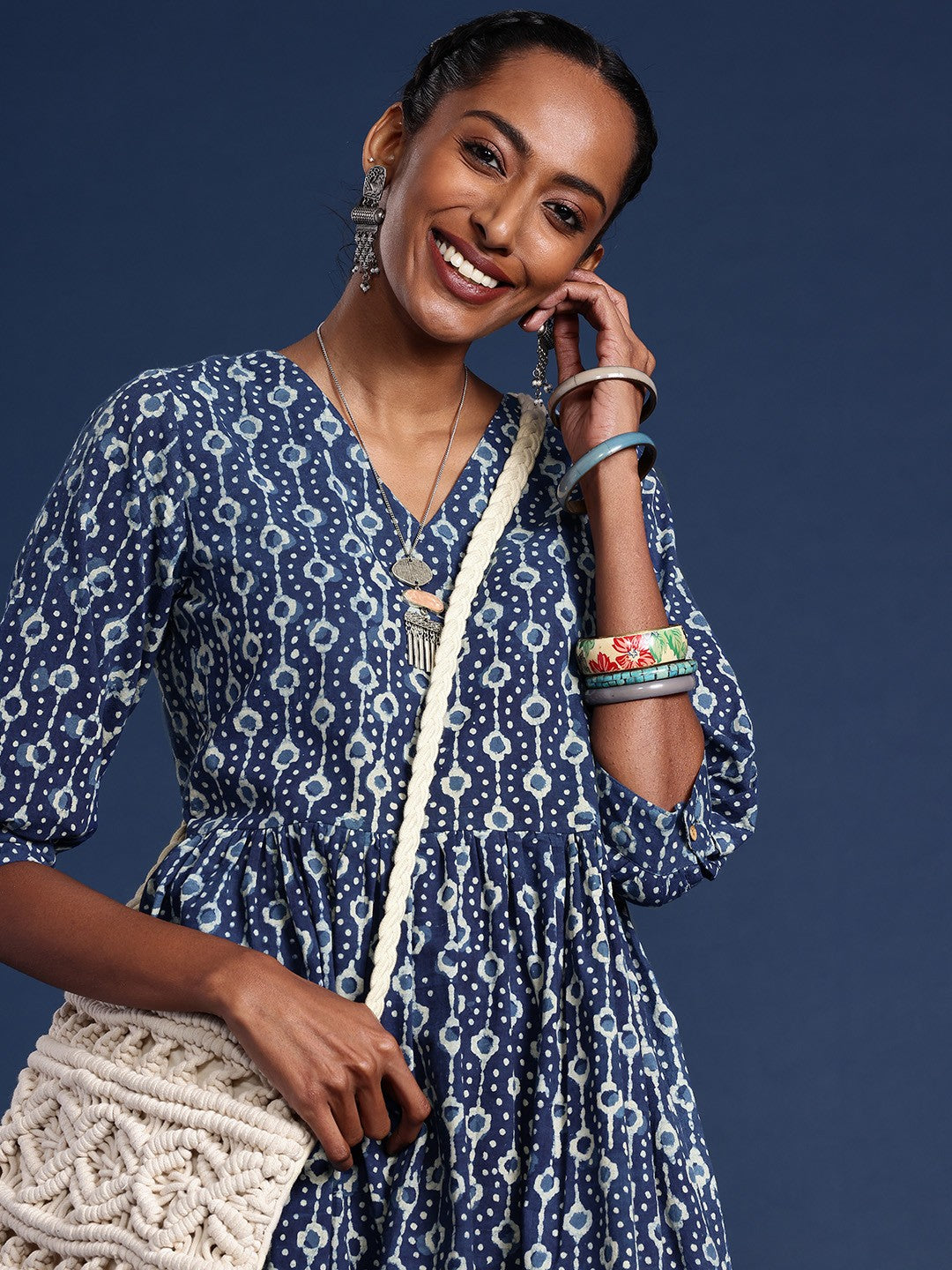 Indigo Printed A-Line Fit & Flare Dress