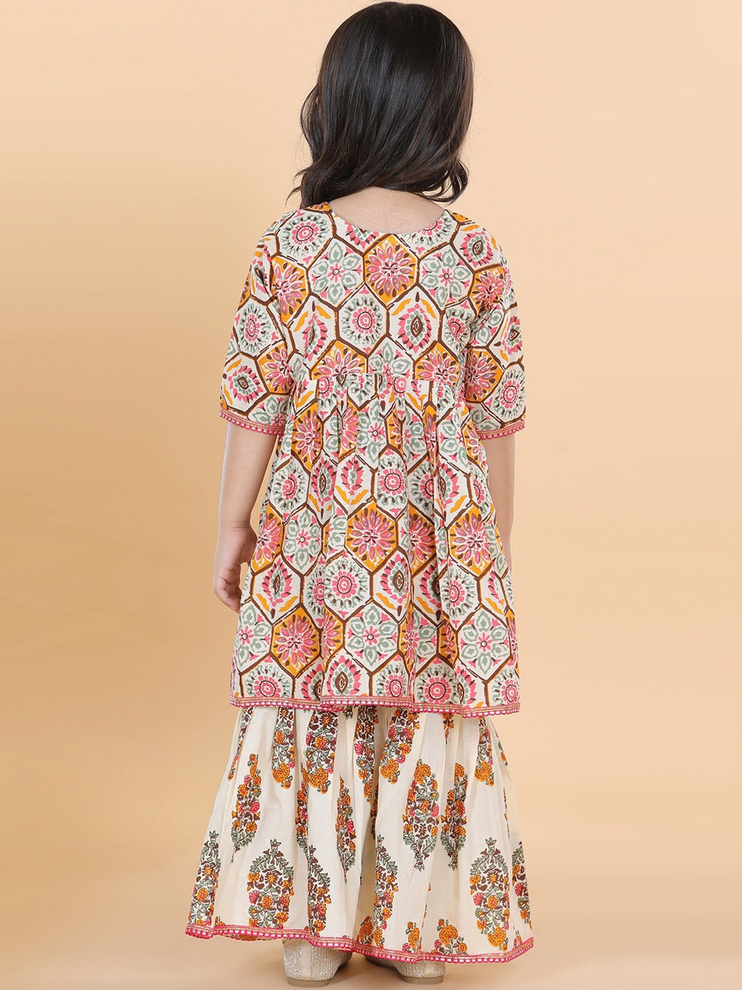 Girls White Printed Gotta Patti Pure Cotton Kurti with Sharara