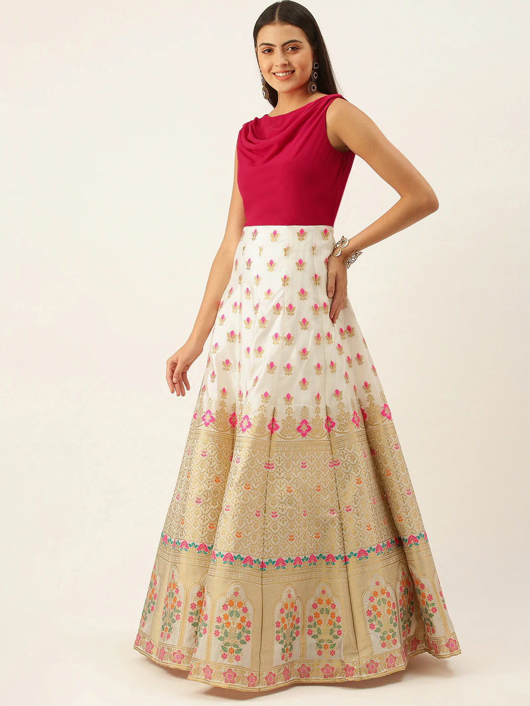 Women White Pink Made To Measure Ethnic Motifs A-Line Maxi Dress