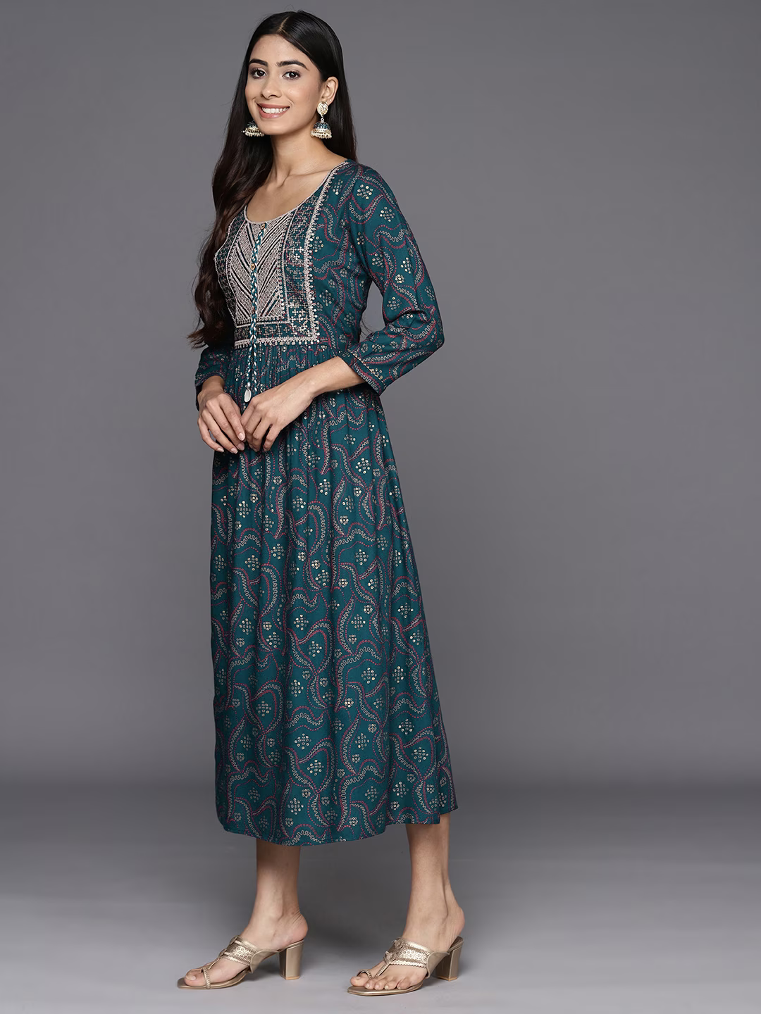 Ethnic Motifs Embellished Fit & Flare Midi Ethnic Dress