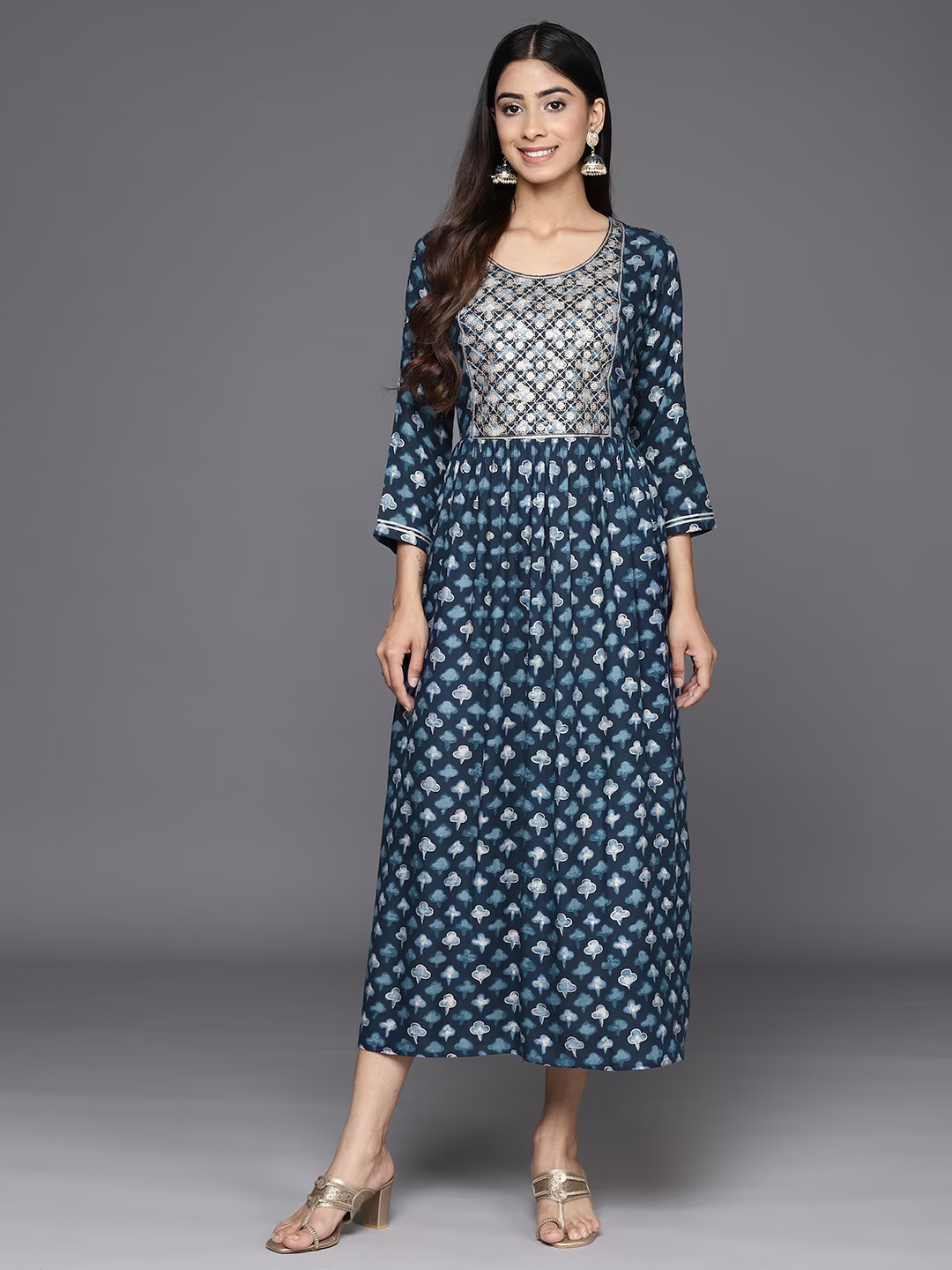 Ethnic Motifs Embellished Fit & Flare Midi Ethnic Dress