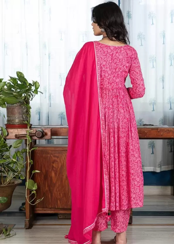 Women Viscose Rayon Pink Kurta Pant And Dupatta Set