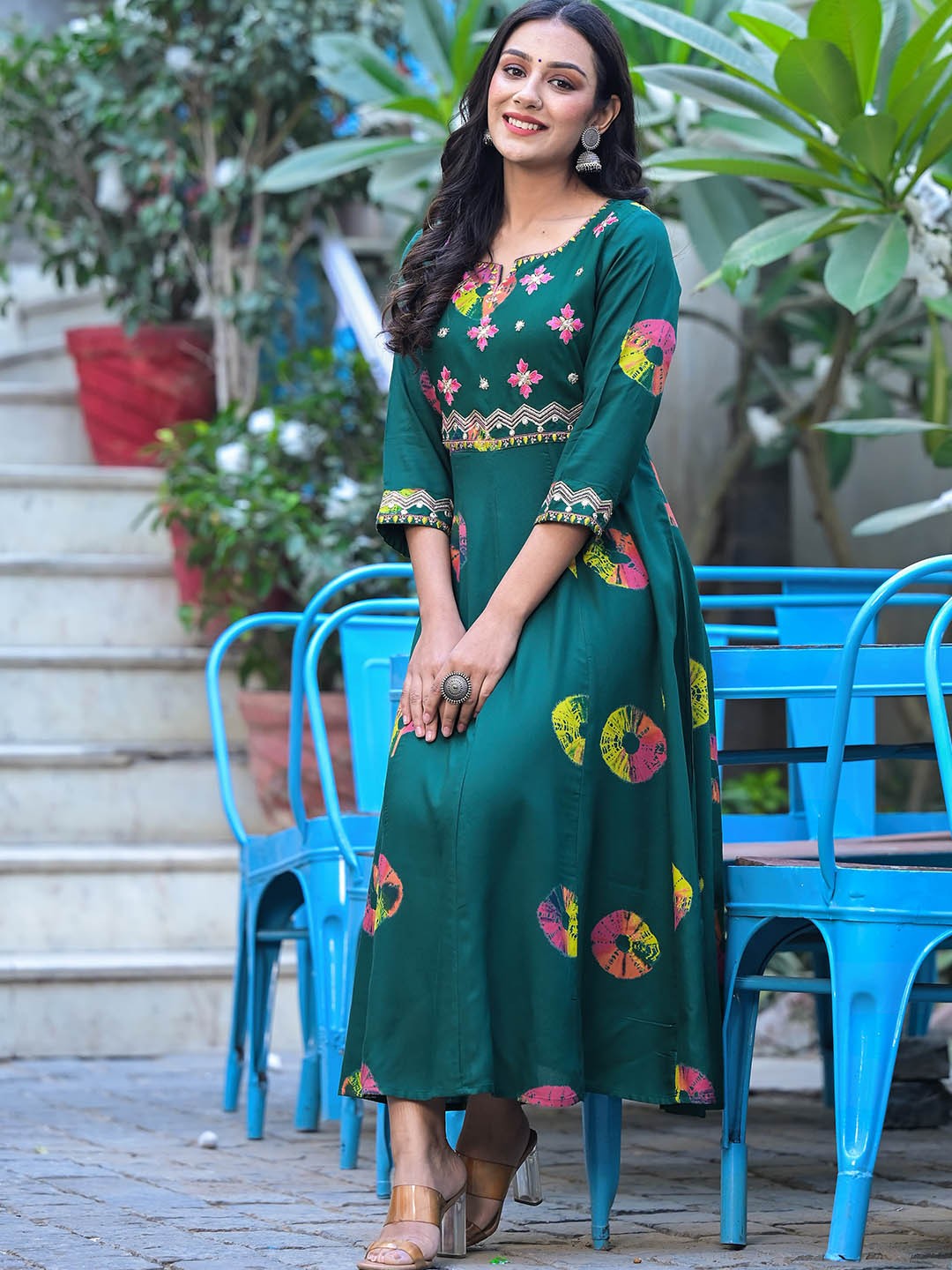 Printed Notched Neck Embroidered Midi A-Line Ethnic Dress