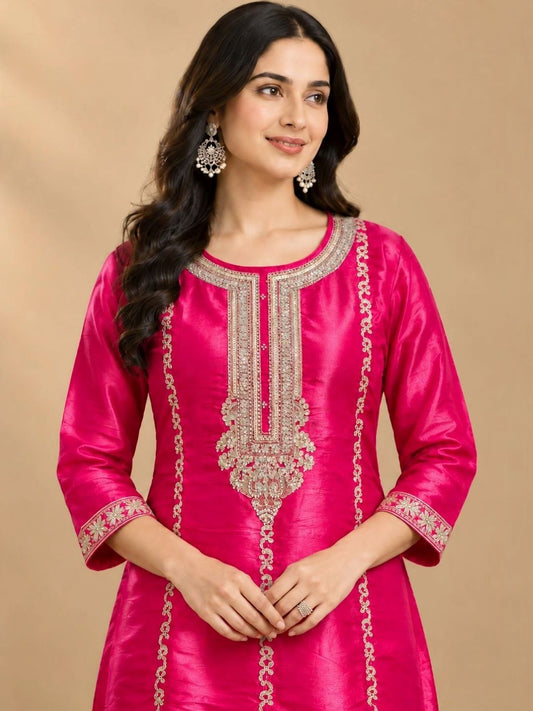 Women Ethnic Motifs Regular Raw Silk Kurta with Palazzos & With Dupatta