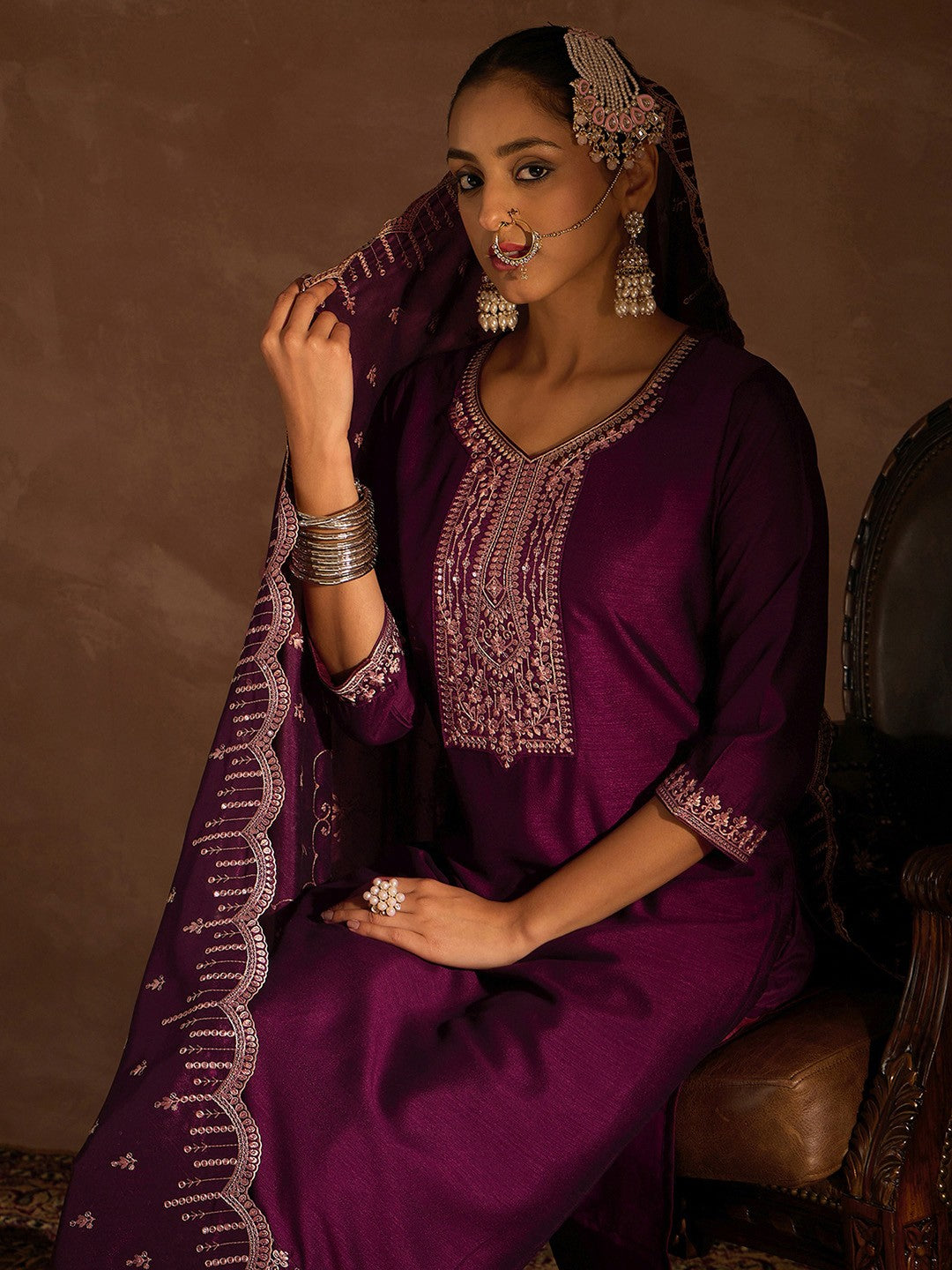 Burgundy Embroidered Regular Thread Work Straight Kurta With Trousers & Dupatta