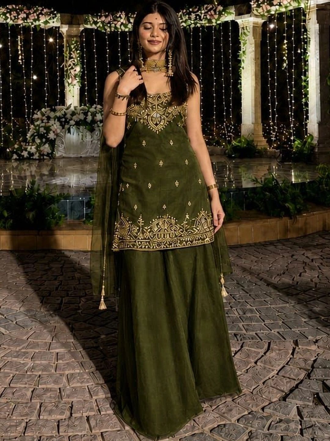 Women Ethnic Motifs Embroidered Regular Kurta with Sharara & With Dupatta