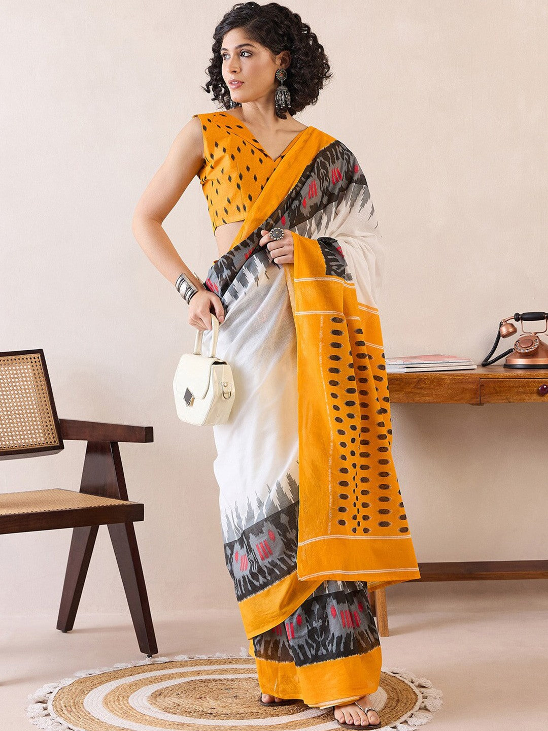 Ethnic Motifs Poly Cotton Ready To Wear Ikat Saree