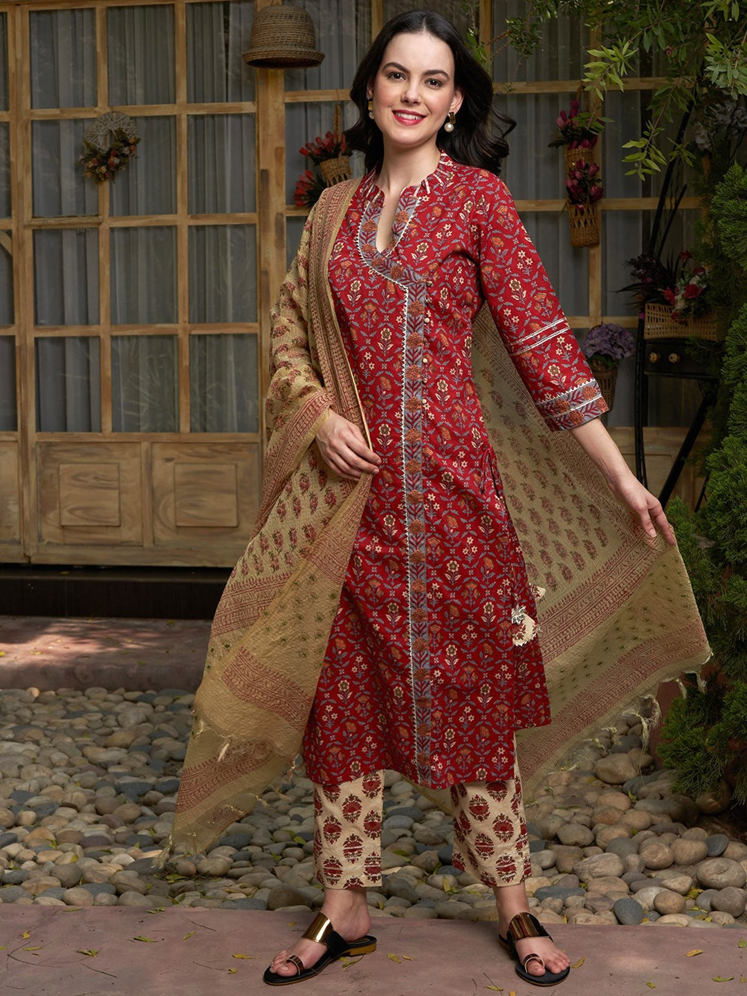 Maroon Floral Printed Angrakha Pure Cotton Kurta with Trousers & Dupatta