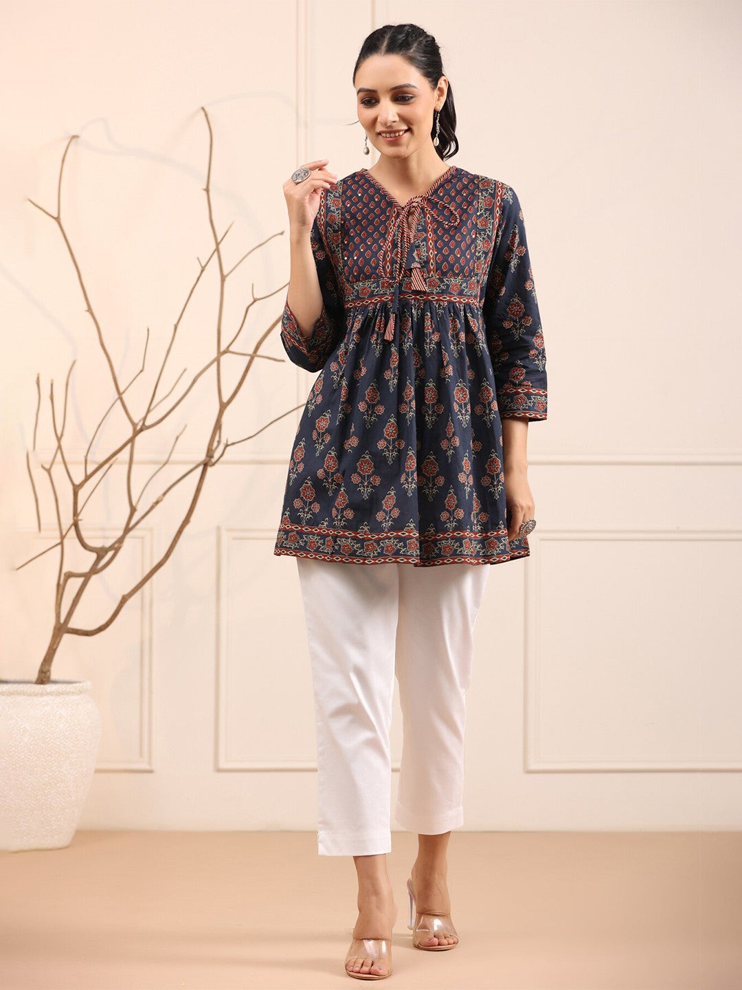 Blue & Rust Floral Printed Pure Cotton Empire Kurti