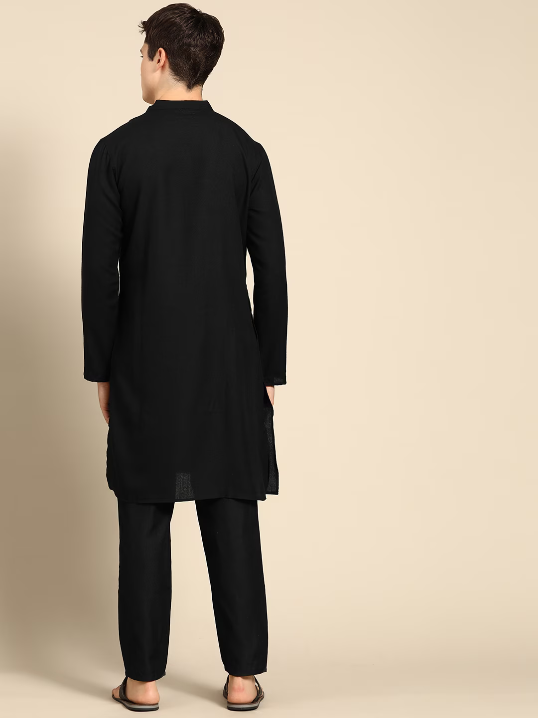 Men Black Yoke Design Thread Work Kurta with Pyjamas