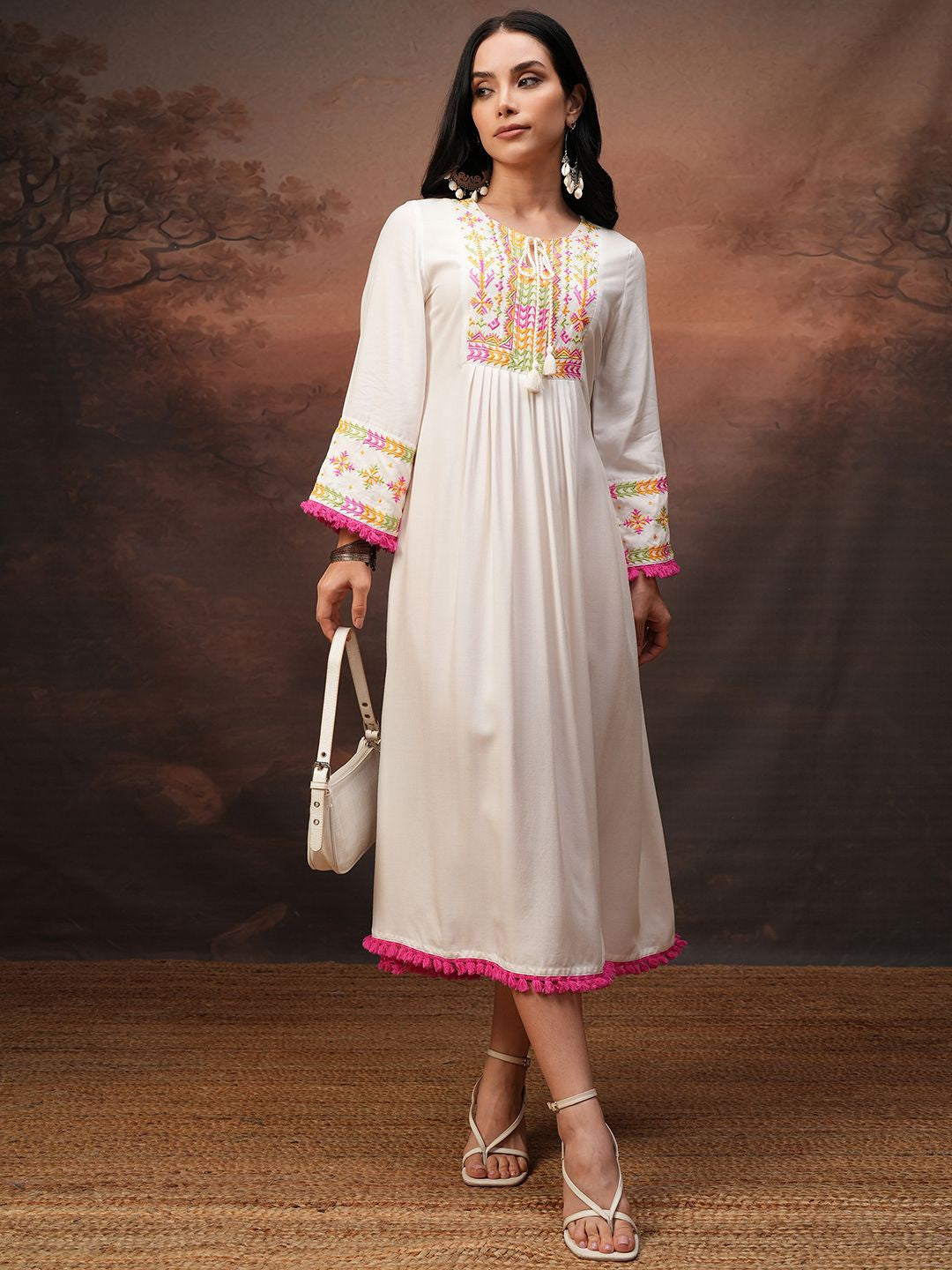 Women Embroidered Gathered Midi Dress