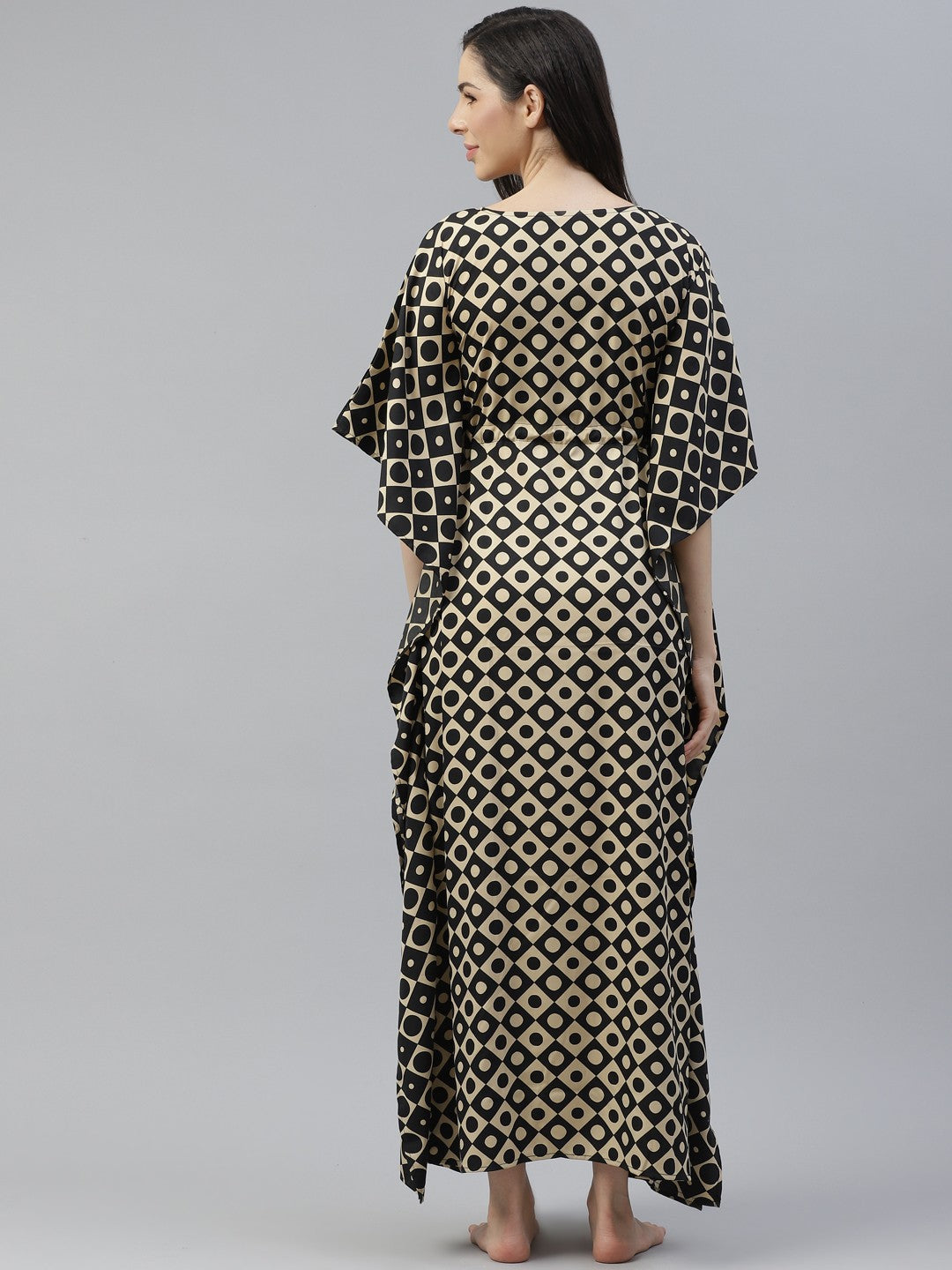 Beige & Black Printed Kimono Maxi Nightdress