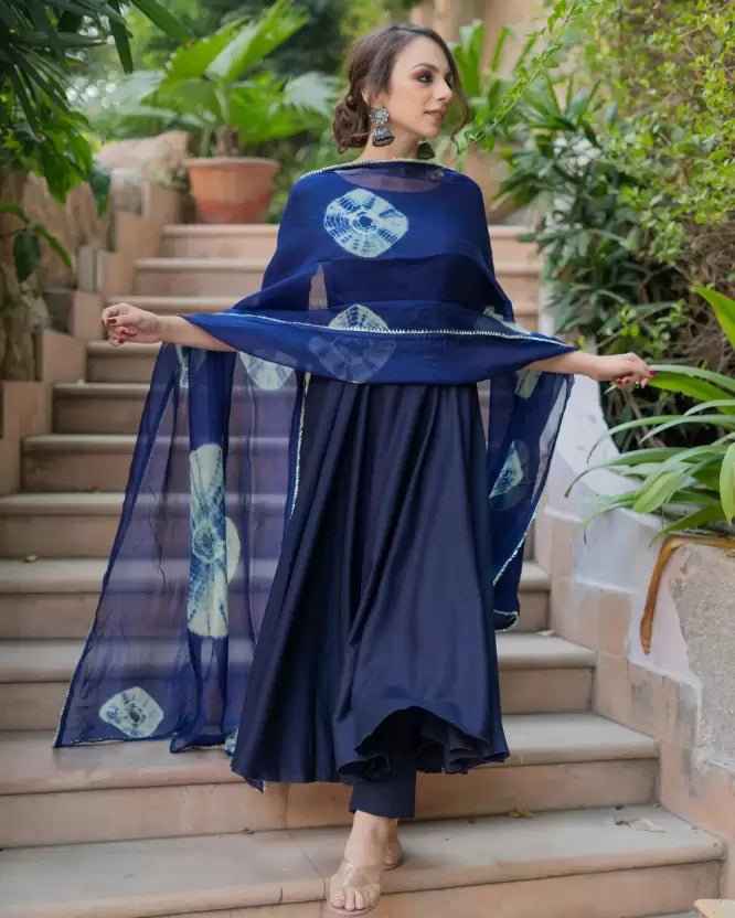 Women Blue Anarkali Kurta set with Shawl